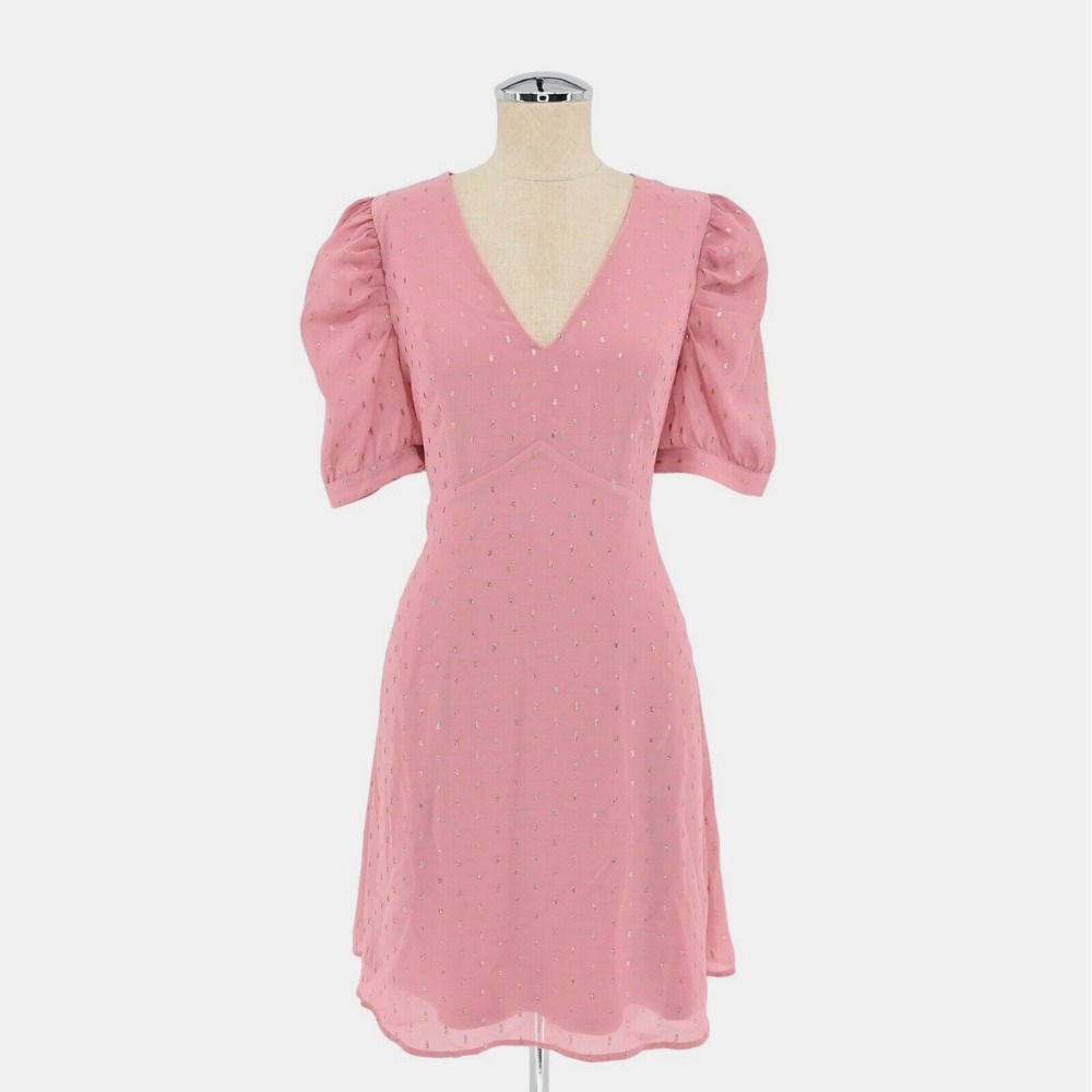 Express Metallic Clip Dot Dress Sz M Pink Gold Puff Sleeve Coquette Ballet Retro